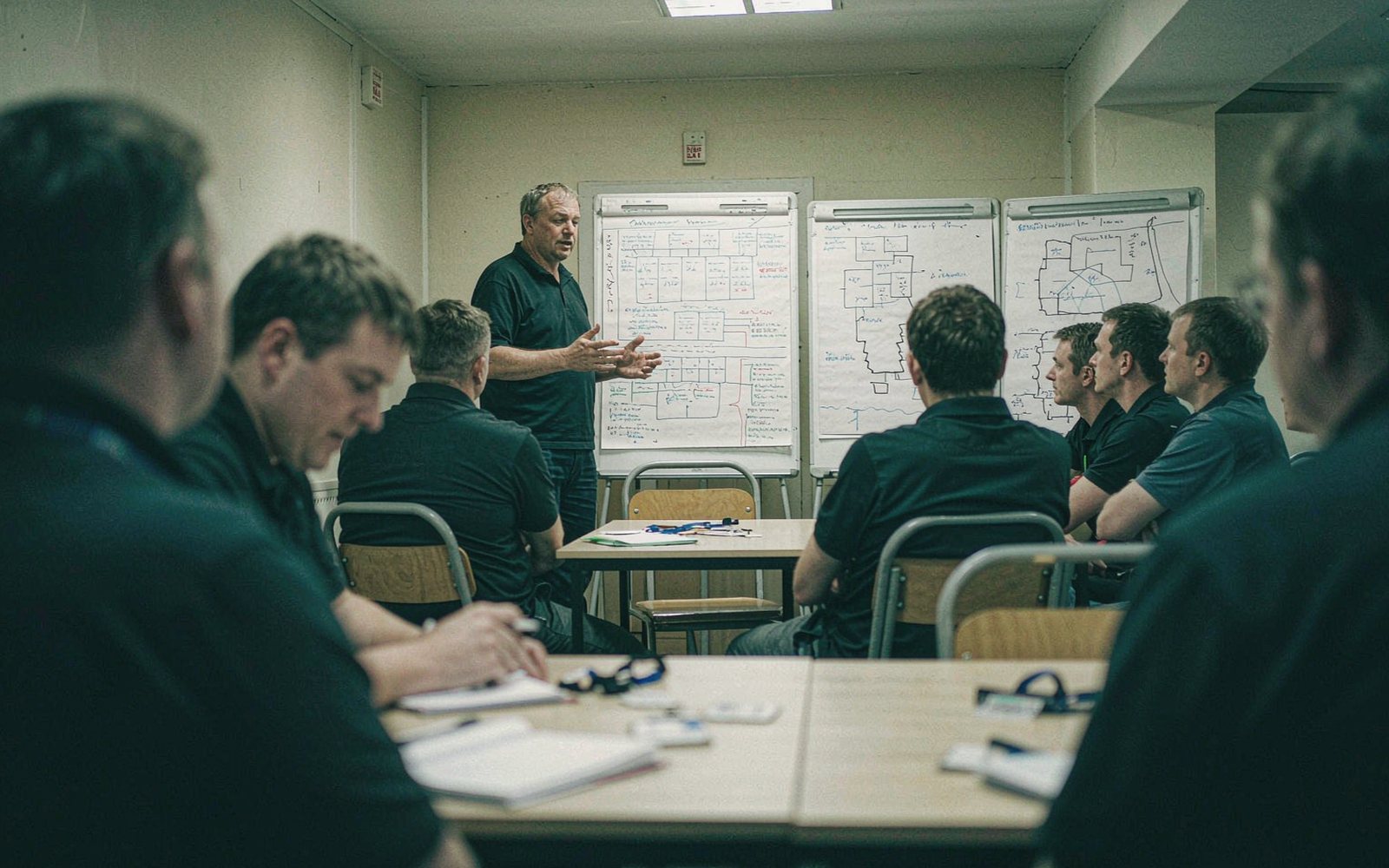 Security training session in a classroom, trainer working through shift patterns