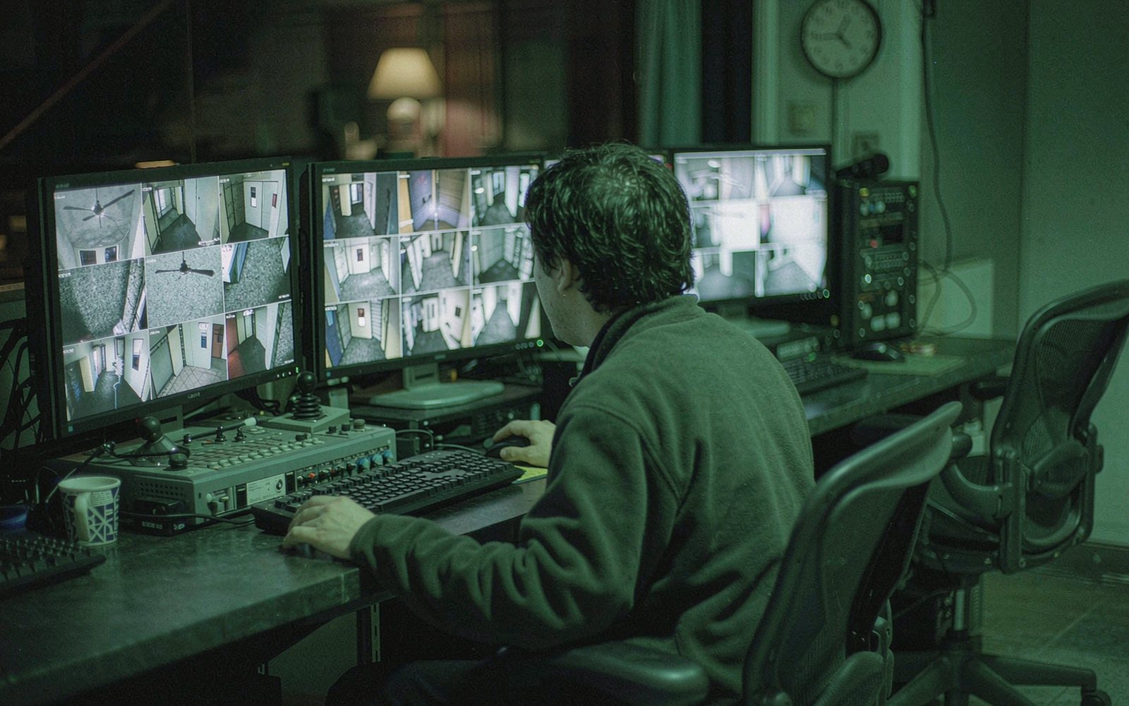 CCTV control room operator monitoring camera feeds overnight